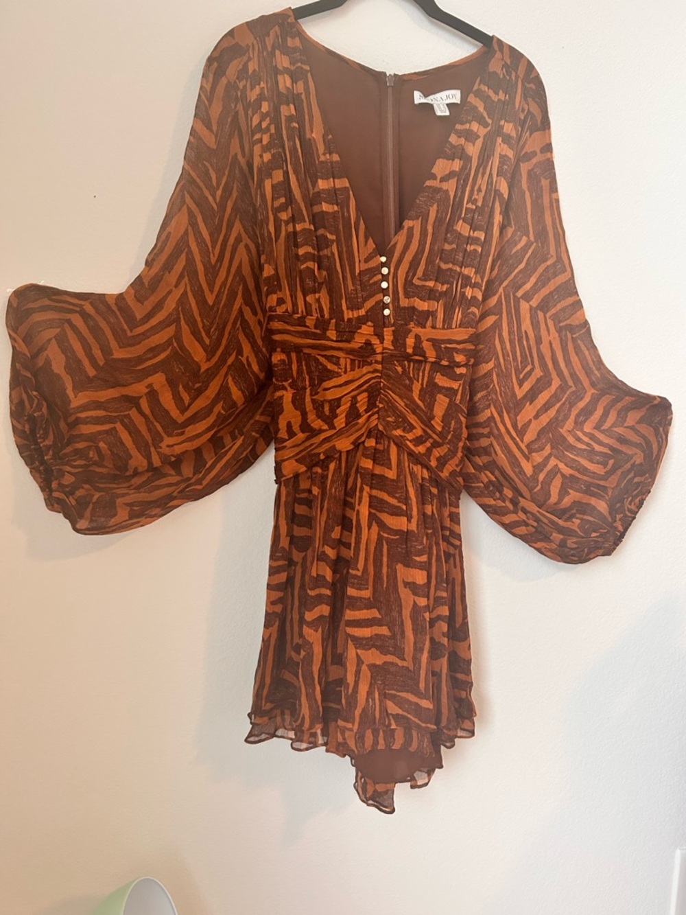 Shona Joy Mini Dress US 12 Brown  Animal Print Sheer Sleeve
Wedding guest dress